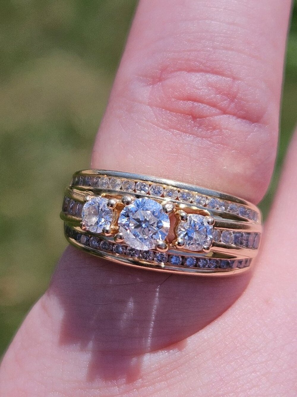 14K Yellow Gold 3 Row Diamond Engagement Wedding Ring Band Size 9mm 5.5